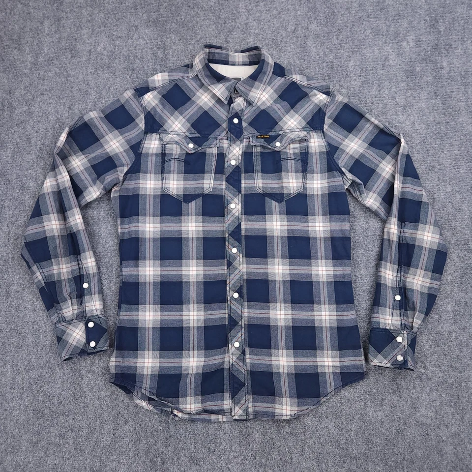 G Star RAW Shirt Mens Medium Blue Plaid Arc 3D Western Snap Button Long Sleeve - Image 1 of 4