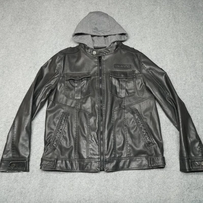 BKE Men's Black Faux Leather Jacket with Gray Removable Hoodie L - Image 1 of 4