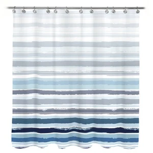 Ombre Blue Textured Slubbed Fabric Shower Curtain, Blue and White Stripe Show... - Picture 1 of 8