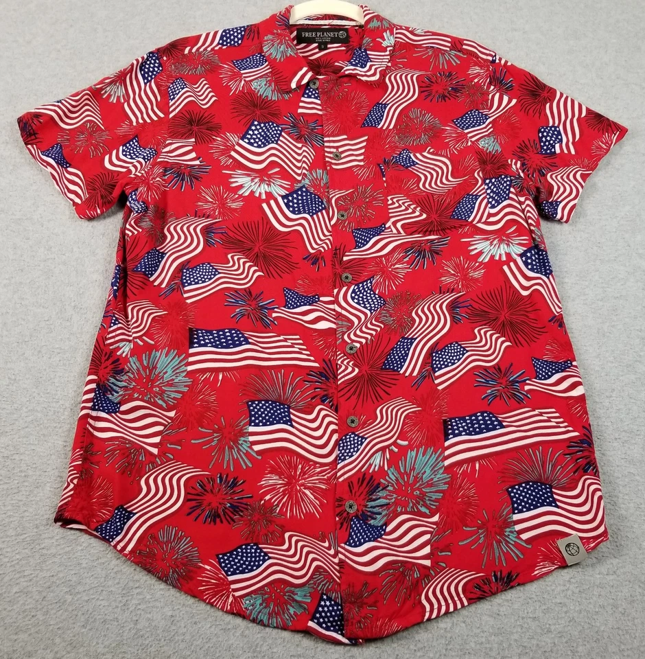 FREE PLANET Button Up Shirt Men’s Small S Red White Blue Short Sleeves Flag USA - Image 1 of 4