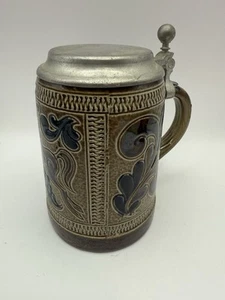 Vintage Marzi & Remi Salz glasiert braun blau 24 Oz. Deutscher Bierstein Deckel Germany - Bild 1 von 12