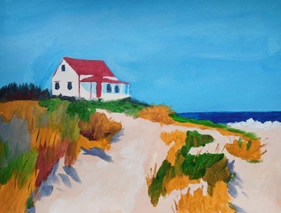 Casa de playa en la orilla mar profundo y cielo arena dunas hierbas 11x14 lona acrílica Foto 1 de 4