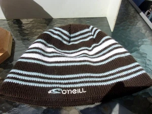 O'Neill Brand Embroidered Brown, Blue & White Striped Skull / Stocking Hat - Picture 1 of 3