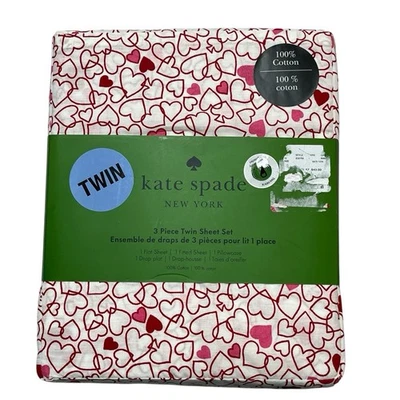 Kate Spade Twin Sheet Set Pink Red Outline Heart 3 Pc Cotton Love Valentine Day - Image 1 of 4