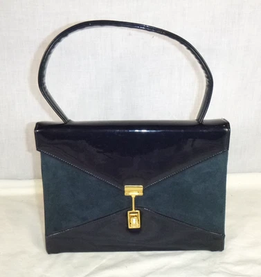 Винтажная сумочка 60-х темно-синяя лакированная и замшевая сумочка золотистое оборудование 9,5x7,5 дюйма - Изображение 1 из 4