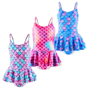 Kids Girls Swimmsuits Fish Scales Print Swimwear Tiered Skirt Bodysuit Mermaid - Picture 1 of 43
