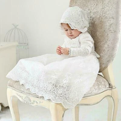 New Long Sleeve Christening Gown Baby Girl Party Dress Lace Wedding Kids Clothes