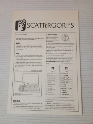 Scattergories 1988 Replacement Instructions Rules Guide Card Sheet - Image 1 of 2