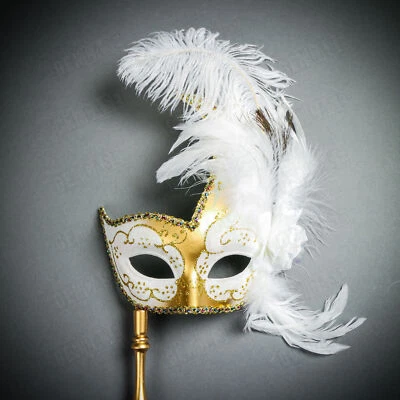 Venetian Elegance Side Feather Masquerade Women Mask in GOLD White w/ Stick - Image 1 of 4