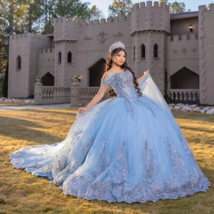 Abiti da ballo blu cielo Quinceanera abiti paillettes applicazioni perline fiocco dolce 15 16 - Foto 1 di 14