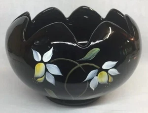 Fenton Hand Painted “Midnight Garden" On Black Glass Rose Bowl - Picture 1 of 7