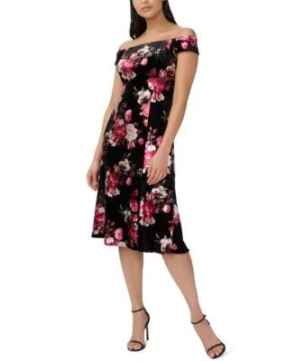Vestido Adrianna Papell Terciopelo Floral Cóctel Fuera del Hombro Talla 16 NUEVO $229 Foto 1 de 4