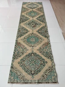Vintage Hand Knotted Oriental Runner Rug, 3x11 Turkish Rug in Beige Blue Green - Picture 1 of 10