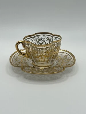 Bohemian Moser Type Enameled Gold Scrollwork Demitasse Cup & Saucer - Image 1 of 4