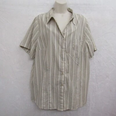 Blusa Camisa Blusa Informal Ciervo Blanco Para Mujer 2X Beige Manga Corta Rayas Botones Foto 1 de 4