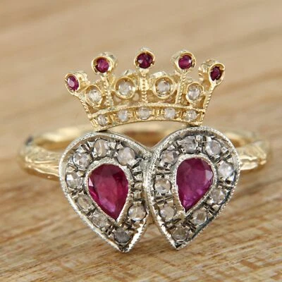 Bague en OR Jaune 14 Carats k RUBIS Naturelle et DIAMANT Couronne Reine Femme - Photo 1/4