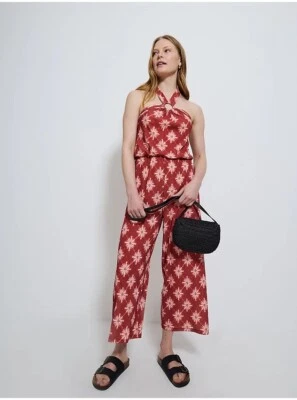 Rust Abstract Tile Plisse Halter Neck Jumpsuit Size 22 BNWT - Image 1 of 4