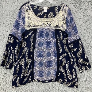 Bila Tunic Top Women's XL Blue Mixed Print Crochet Peasant Boho Hippie Flowy - Picture 1 of 10