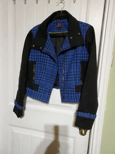 Material Girl Bright Blue Houndstooth Plaid Moto Biker Jacket Womens XL Cropped - Picture 1 of 8