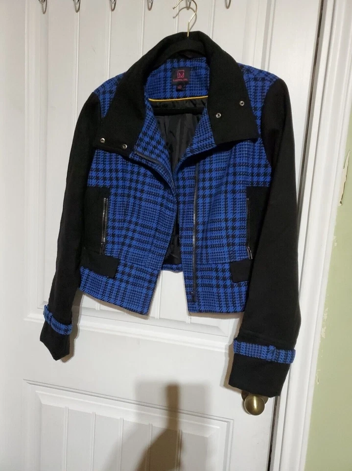 Material Girl Bright Blue Houndstooth Plaid Moto Biker Jacket Womens XL Cropped - Image 1 of 4