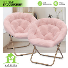 Set of 2 Foldable Faux Fur Saucer Chair Pink Modern Cozy Moon Seat w/Metal Frame