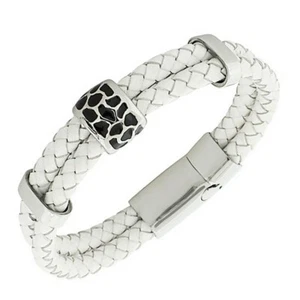 White Leather Braided Silver-Tone Black Wristband Womens Bracelet with Clasp - Picture 1 of 3