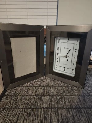 Bulova Ceremonial Analog Hinged Metal Picture Frame Tabletop Clock Silver Tone - Image 1 of 3