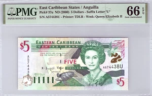 Rare! East Caribbean States $5 Dollars 2000 Pick 37u Anguilla PMG 66EPQ Gem UNC - Picture 1 of 13
