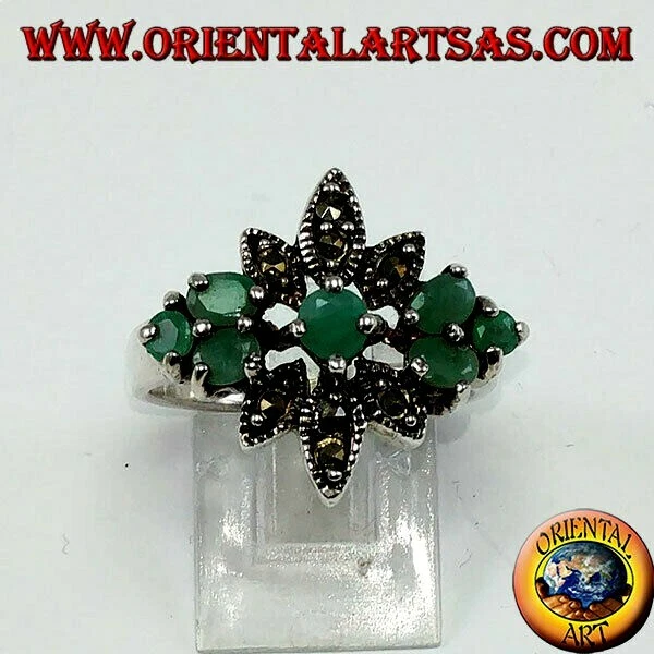 Anello in argento 925 ‰  con 7 smeraldi naturali ed marcassiti - Immagine 1 di 1