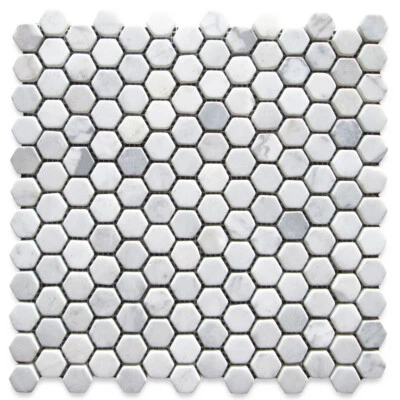 C31XT Shower Floor Tile Non Slip Carrara White Marble 1" Hexagon Tumbled - Image 1 of 4