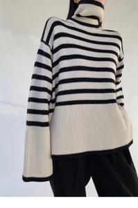 Women High Neck Baggy Sweater Knitted Long Sleeve Jumper Striped Pullover Tops - Picture 1 of 26