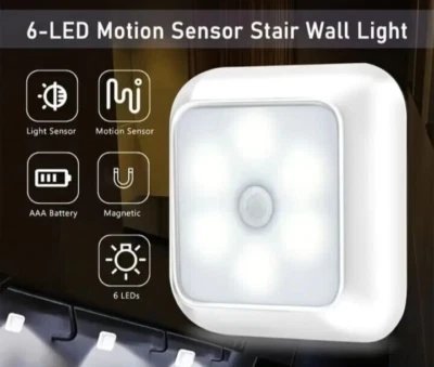 Motion Sensor Lights 6 LED bulb Wireless Night Light Battery Cabinet Stair Lamp - Image 1 of 4