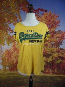 Real Superdry 100% cotton yellow spell out logo T-Shirt. UK women's size 14 - Picture 1 of 13