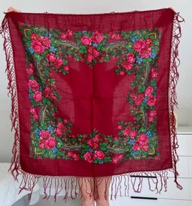 red vintage wool scarf floral . Rare scarf, women's scarf floral wool babushka s - Picture 1 of 11