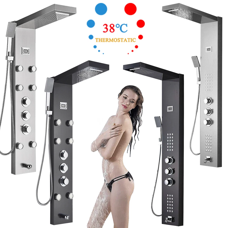 Panel de ducha termostático lluvia y cascada torre de ducha masaje sistema de chorros corporales Foto 1 de 1