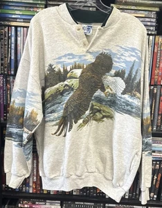 Vintage 90s Art Unlimited Mens Sweatshirt Bald Eagle All Over Print Aop No Tag - Picture 1 of 4