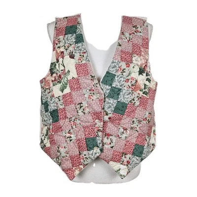 Chaleco Edredón Patchwork Vintage Hecho a Mano Rosa Verde Cottagecore Abuela Grande Foto 1 de 4