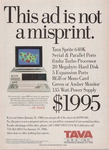 Computadora Tava USA Inc. 1985 anuncio impreso original Tava Sprite 640K - Imagen 1 de 1