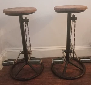Pair Vintage Indian Cycle Bar Stool, Wrought Iron, Mango Seating With Bike Pedal - Picture 1 of 9