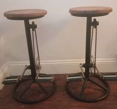 Pair Vintage Indian Cycle Bar Stool, Wrought Iron, Mango Seating With Bike Pedal - Image 1 of 4