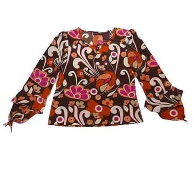 Mary-Kate and Ashley Floral Top Ruffle Sleeve Brown Orange Pink Girls Size 7/8 - Image 1 of 4