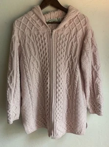 Aran Crafts Ireland Wool Zip Coatigan M Hooded Pink Cable Knit Fisherman Long - Picture 1 of 12