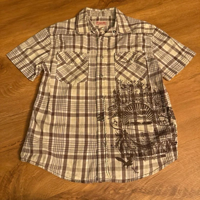 Youth Size Medium 8/10 Mossimo Supply Brown Tan Plaid S/S Snap Front Shirt Top - Image 1 of 4