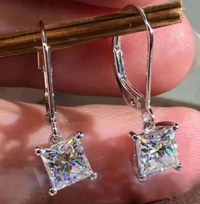 2 Ct Princess Cut Lab Created Diamond 14K White Gold Over Dangle Earrings Gift - Image 1 of 4