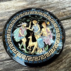 Vintage Hand-Painted Decorative Greek Mythology Scene Round Paper Mache 3.5" - Picture 1 of 7