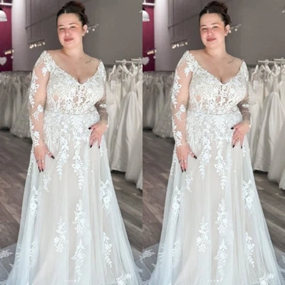 Beach Wedding Dresses Long Sleeves Plus Size Lace Boho V Neck Bridal Gowns - Image 1 of 4