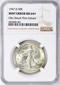 1947 D Walking Liberty Half Dollar NGC MS 64+ Struck Thru Strike Through Grease - Picture 1 of 11