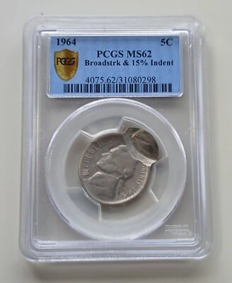 RARE 1964 Broad Struck Double Struck Early Jefferson Nickel PCGS MS 62 - Image 1 of 2