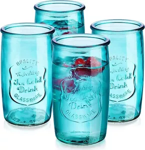 Blue Drinking Glasses Set Of 4 Vintage Glassware Highball Tumblers Water 20 Oz - Picture 1 of 5