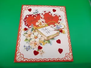 Biglietto di San Valentino vintage 1955 A-MERI-CARD floccato cuori rossi 14 febbraio T-5647 - Foto 1 di 4